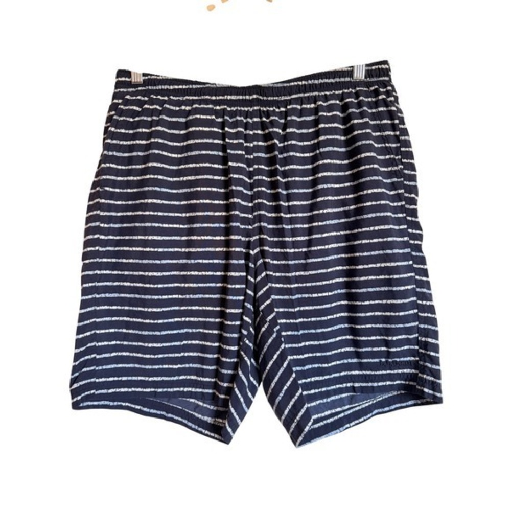 Summer Beach Vacation LL Bean Striped Swim Trunks Navy Blue White Large 288072